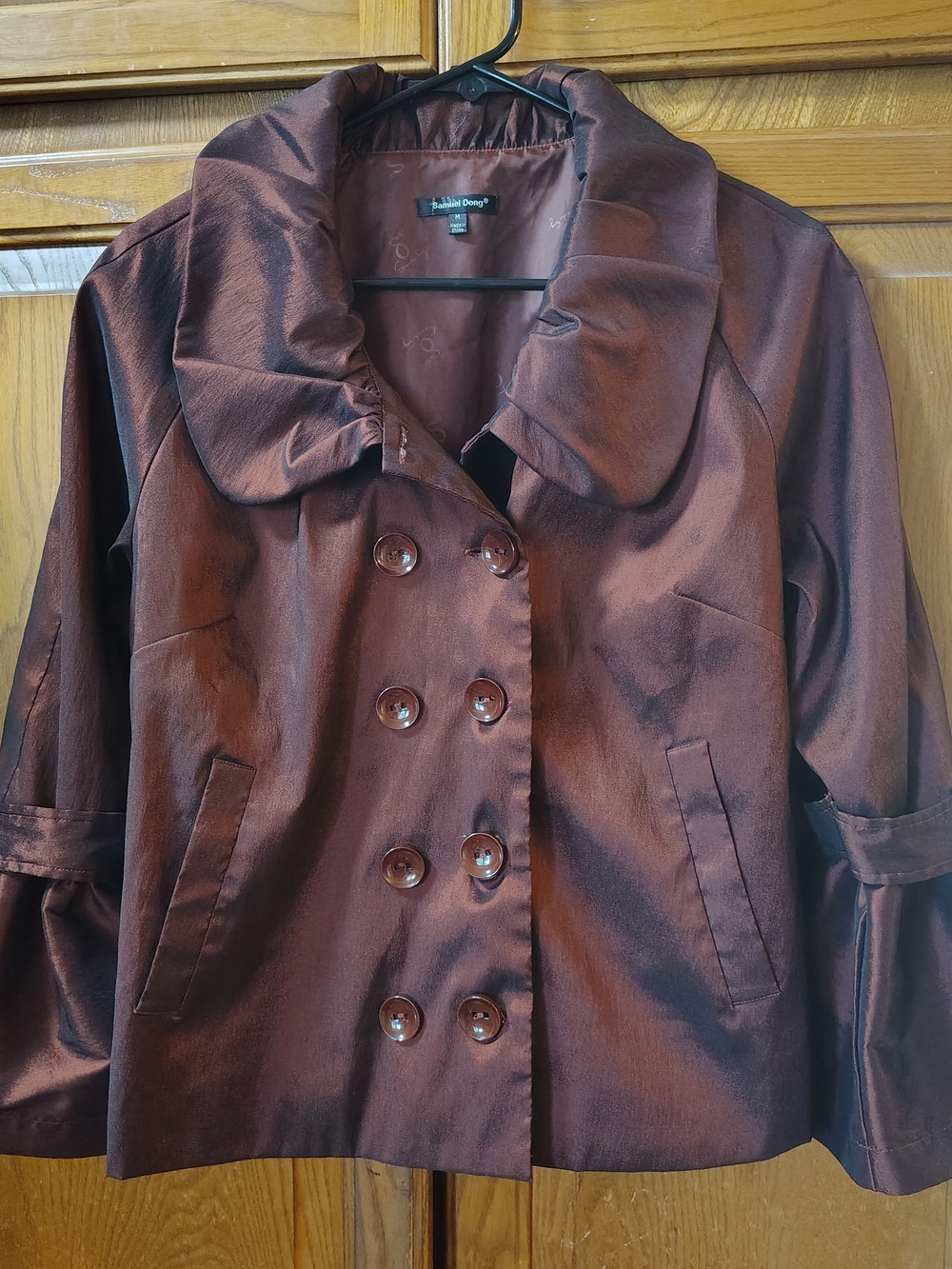 Samuel Dong Brown Taffeta Statement Jacket Ruched Collar Bell Sleeve Cuff Medium